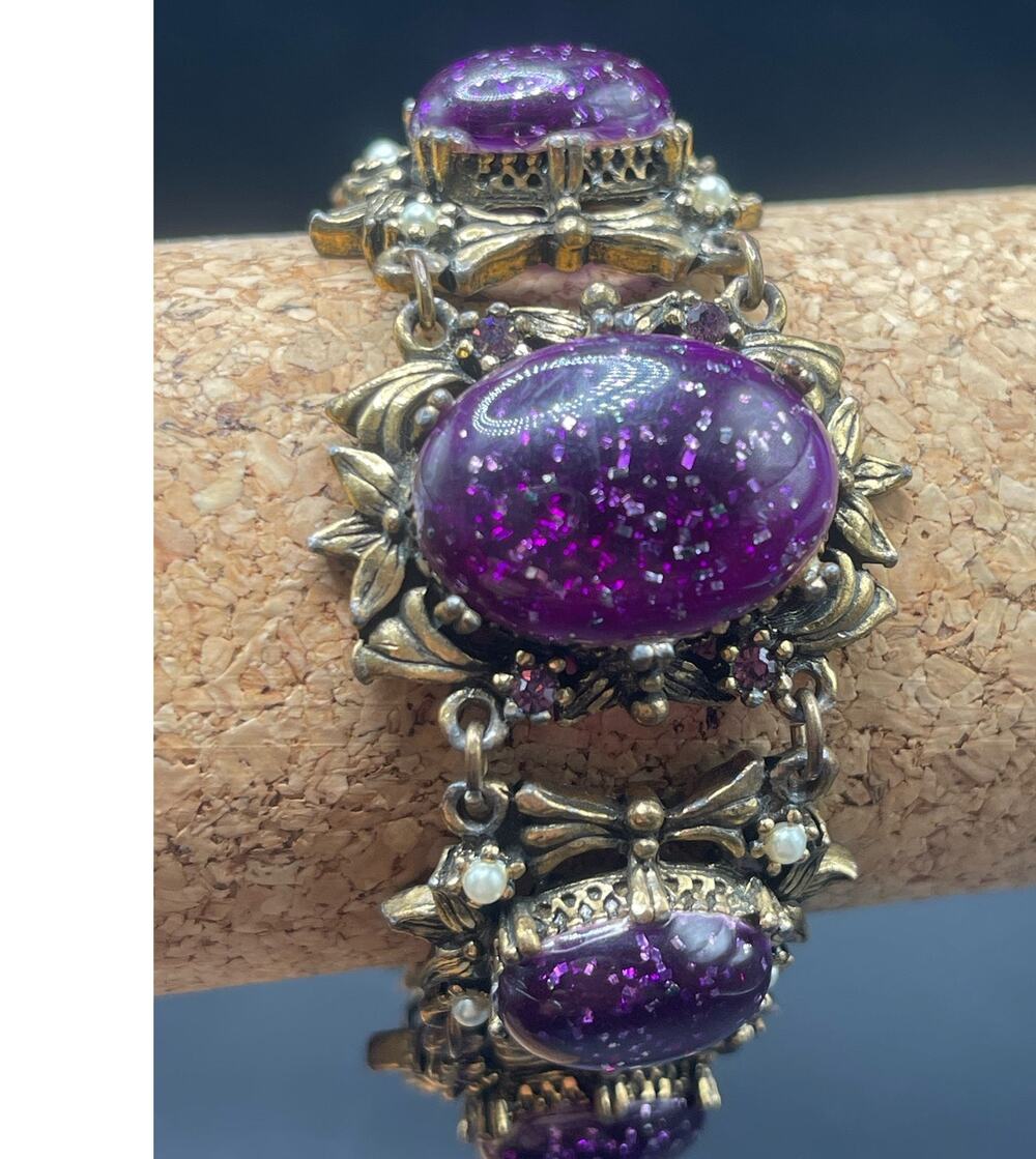 Vintage Purple Lucite Confetti 7 Link Bracelet Unsigned Selro or Style Copy READ